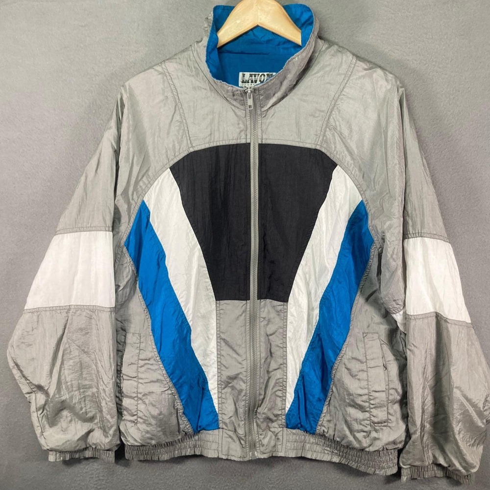 Vintage 90s Colorblock Windbreaker Jacket Mens Large Blue Gray Nylon Full Zip